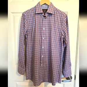 Tattersall Blue Check Plaid Dress Shirt Size 15 32/33 Long Sleeve Cotton